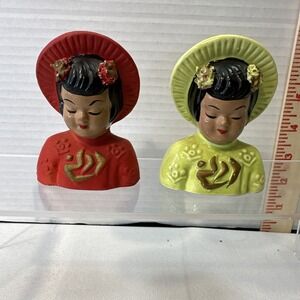1950's Chinese Red And  Green Girl‎ Salt & Pepper Shaker 2pc Set w corks